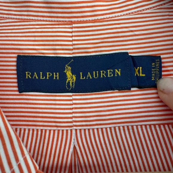 Ralph Lauren Pinstripe Button Down Shirt Orange White Classic Fit Preppy Work XL - Picture 3 of 5